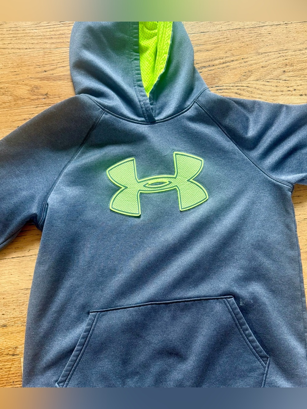 Under Armour Navy Hoodie with Neon Green Logo youth XL